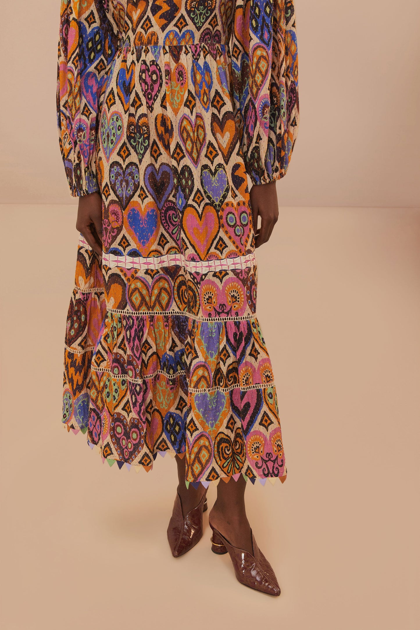Hearts Ikat Cream Long Sleeve Maxi Dress