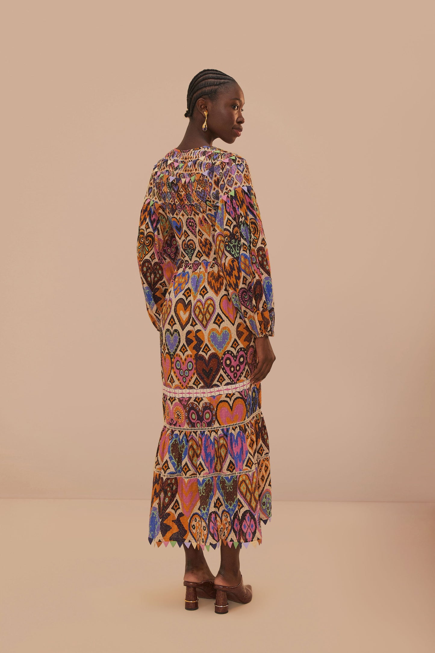 Hearts Ikat Cream Long Sleeve Maxi Dress