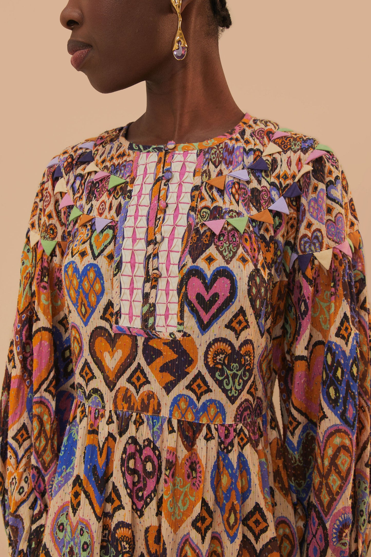 Hearts Ikat Cream Long Sleeve Maxi Dress