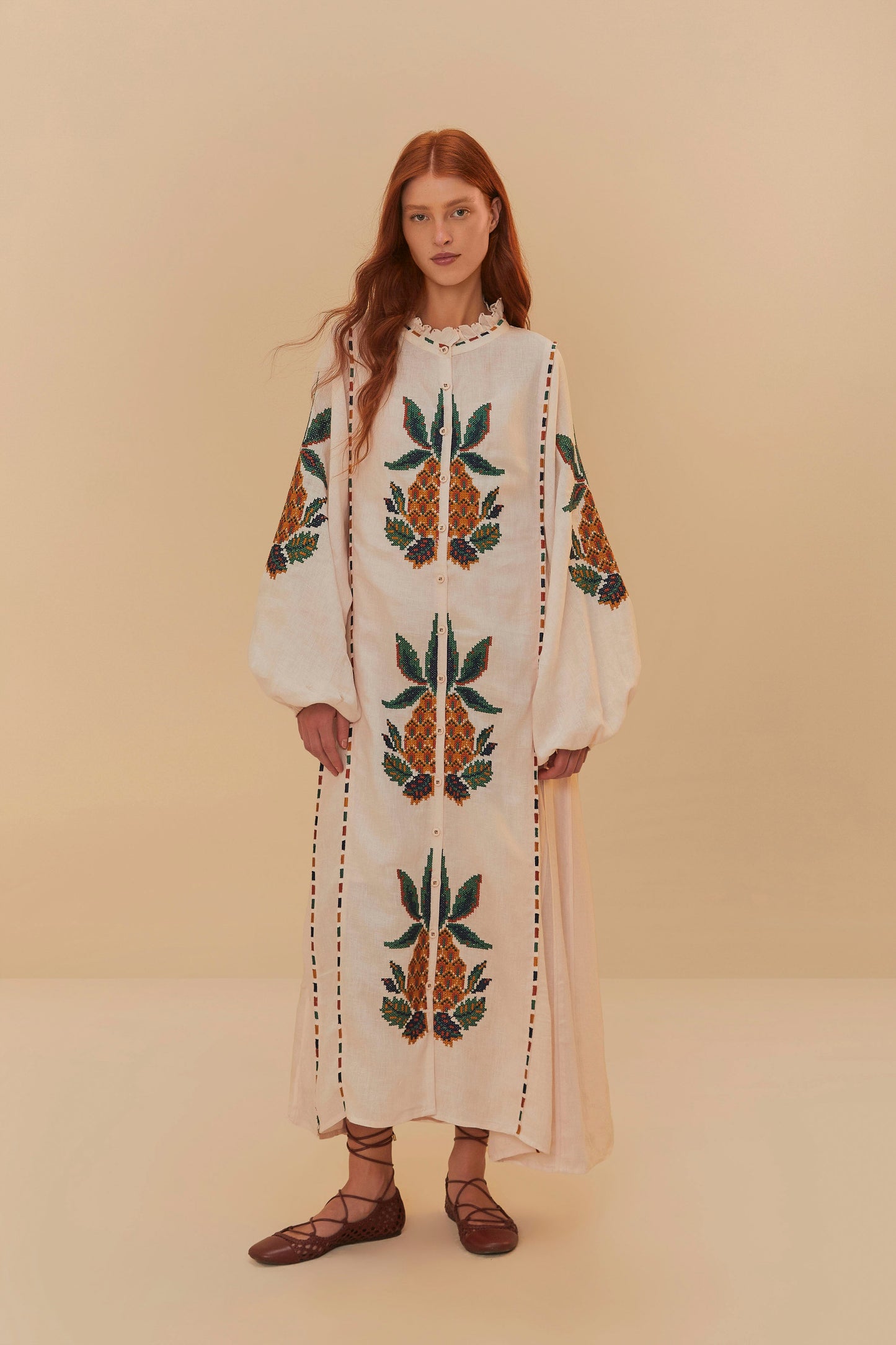 Cross Stitch Pineapple Light Pink Sleeve Midi Dress