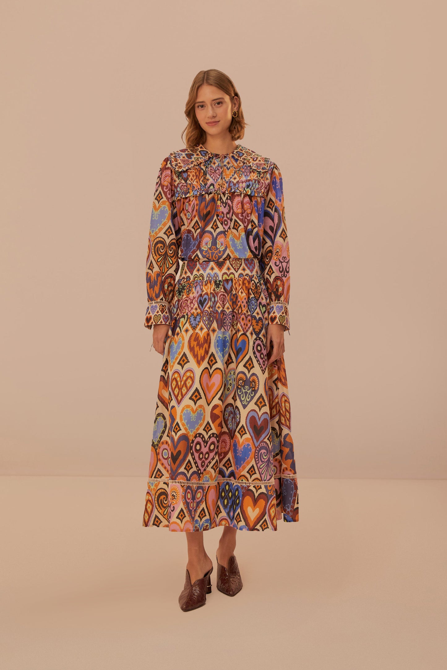 Hearts Ikat Cream Midi Skirt