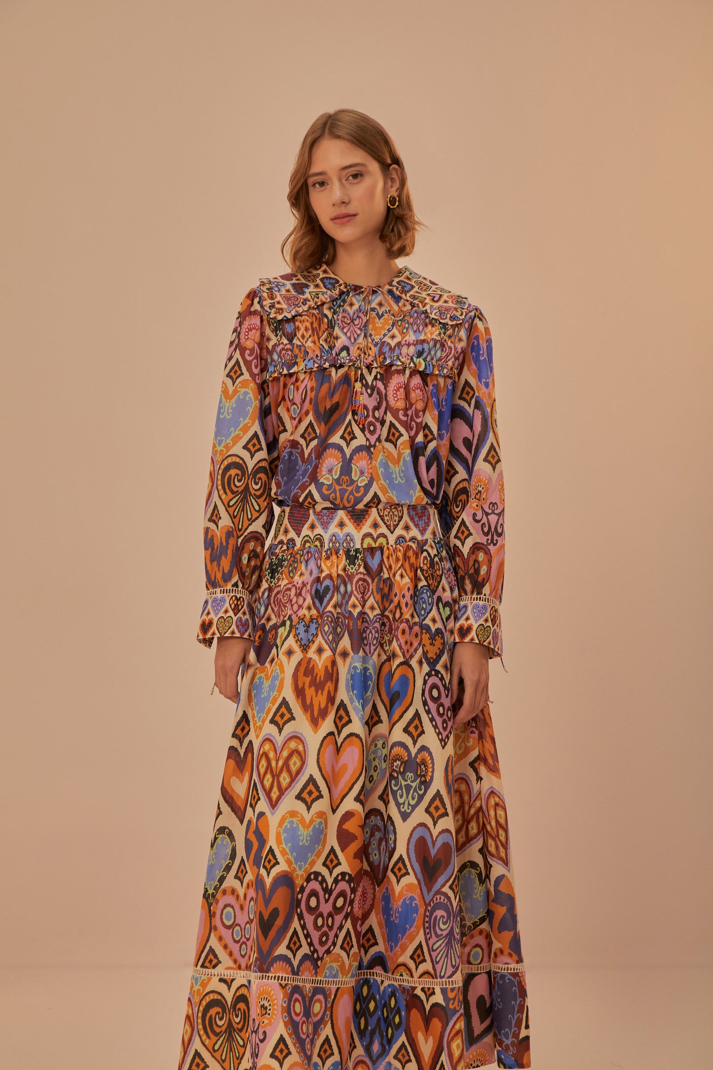 Hearts Ikat Cream Midi Skirt