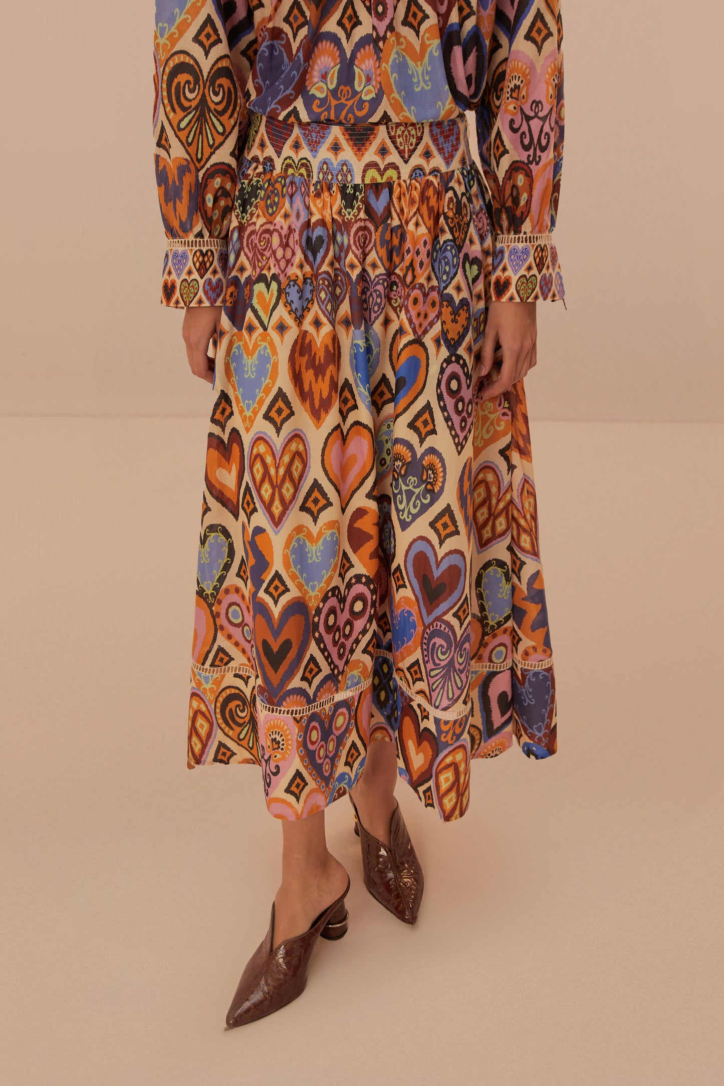 Hearts Ikat Cream Midi Skirt