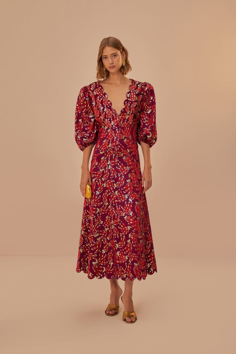 Burgundy Bossa Banana Jacquard Midi Dress