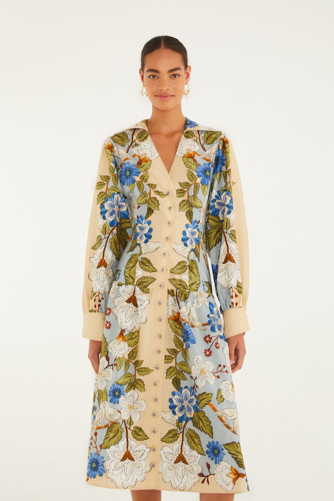 Garden Scarf Blue Long Sleeve Midi Dress