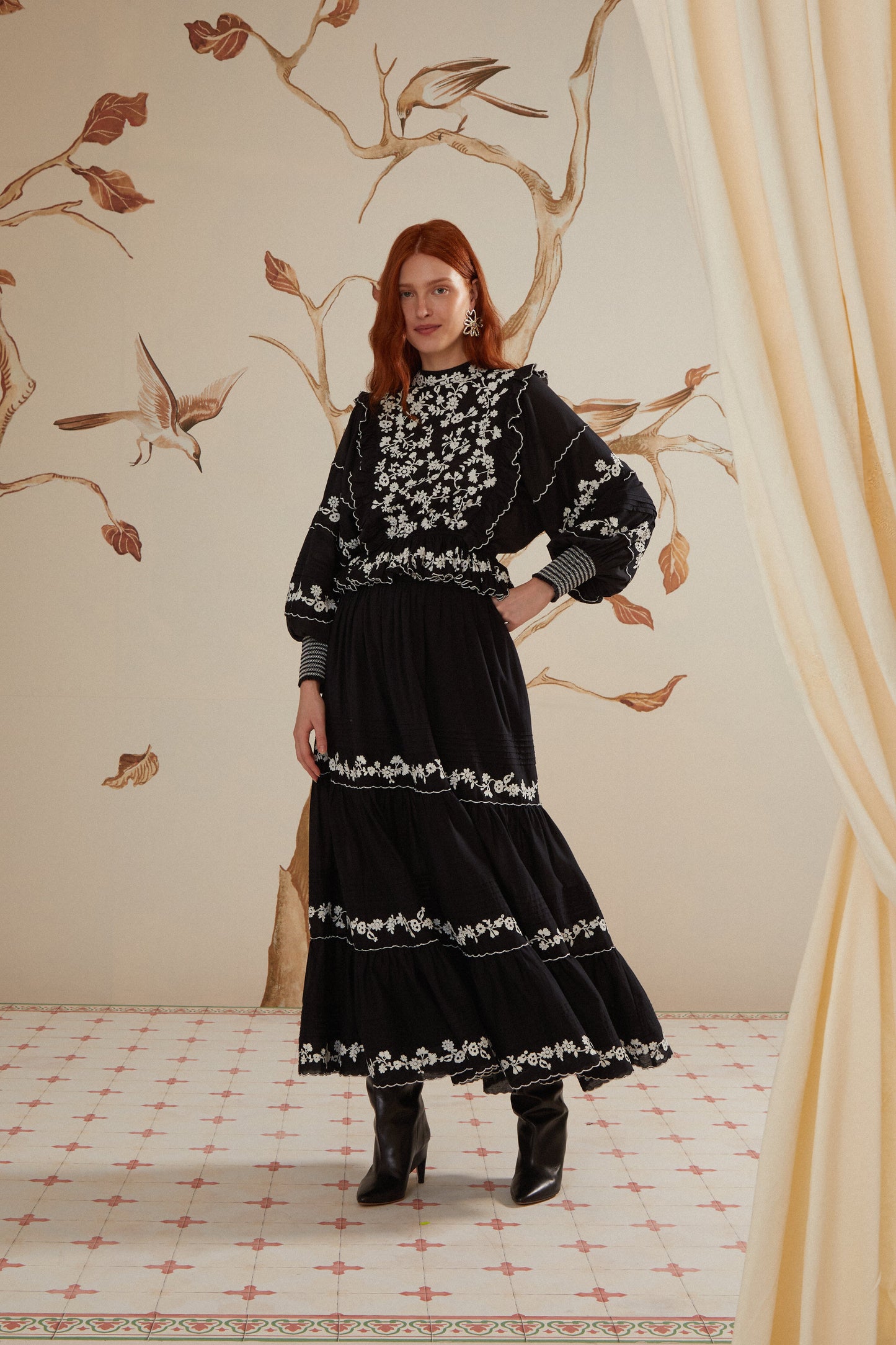 Black Embroidered Ruffled Maxi Skirt