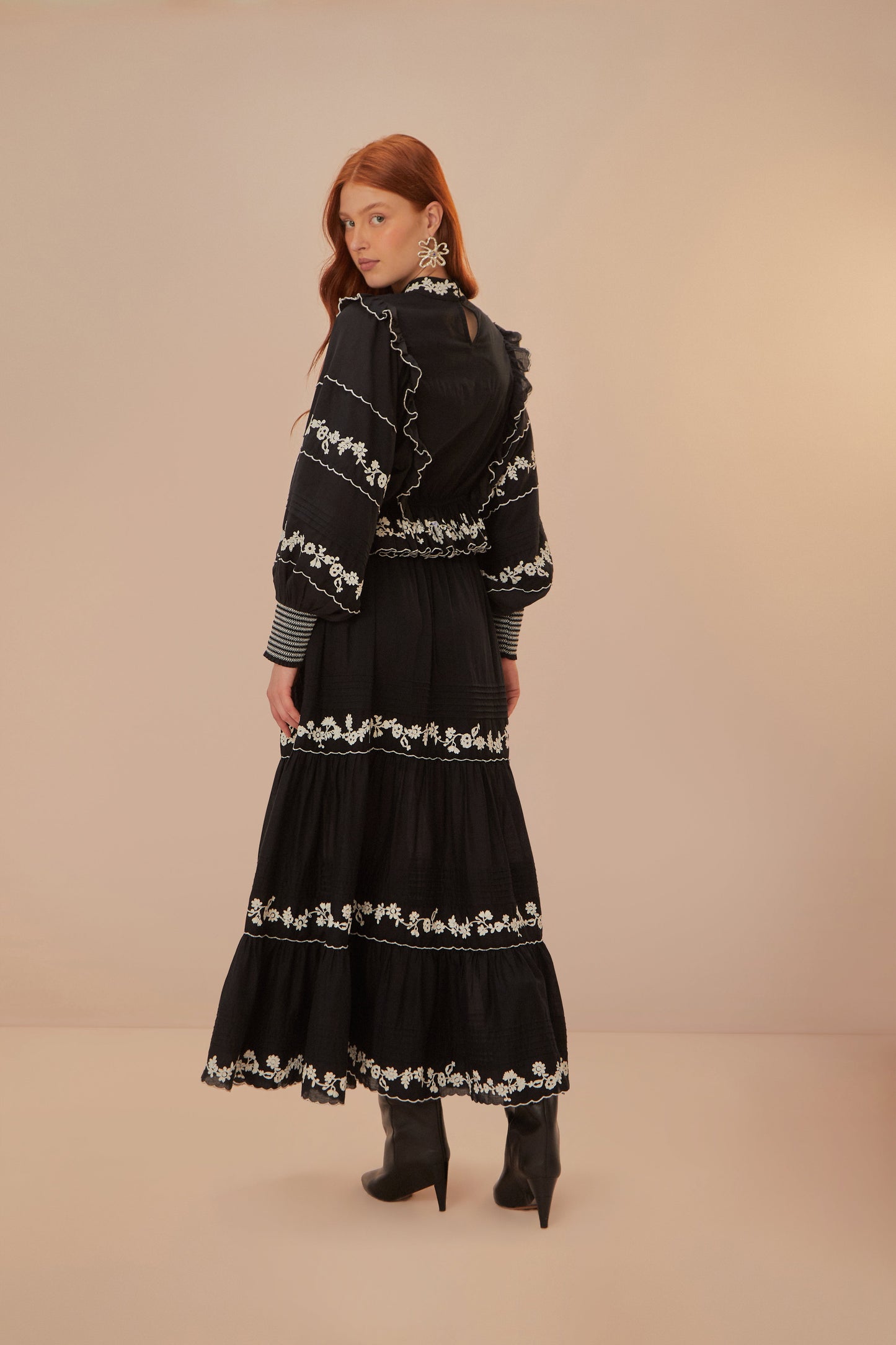 Black Embroidered Ruffled Maxi Skirt