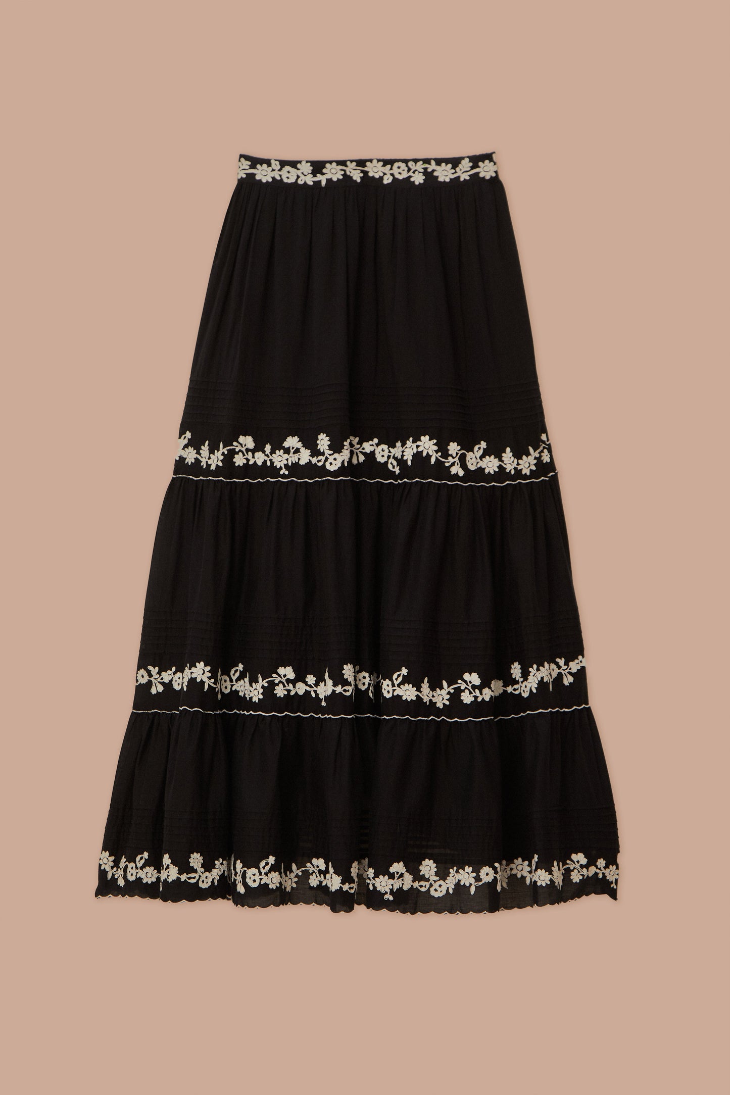 Black Embroidered Ruffled Maxi Skirt