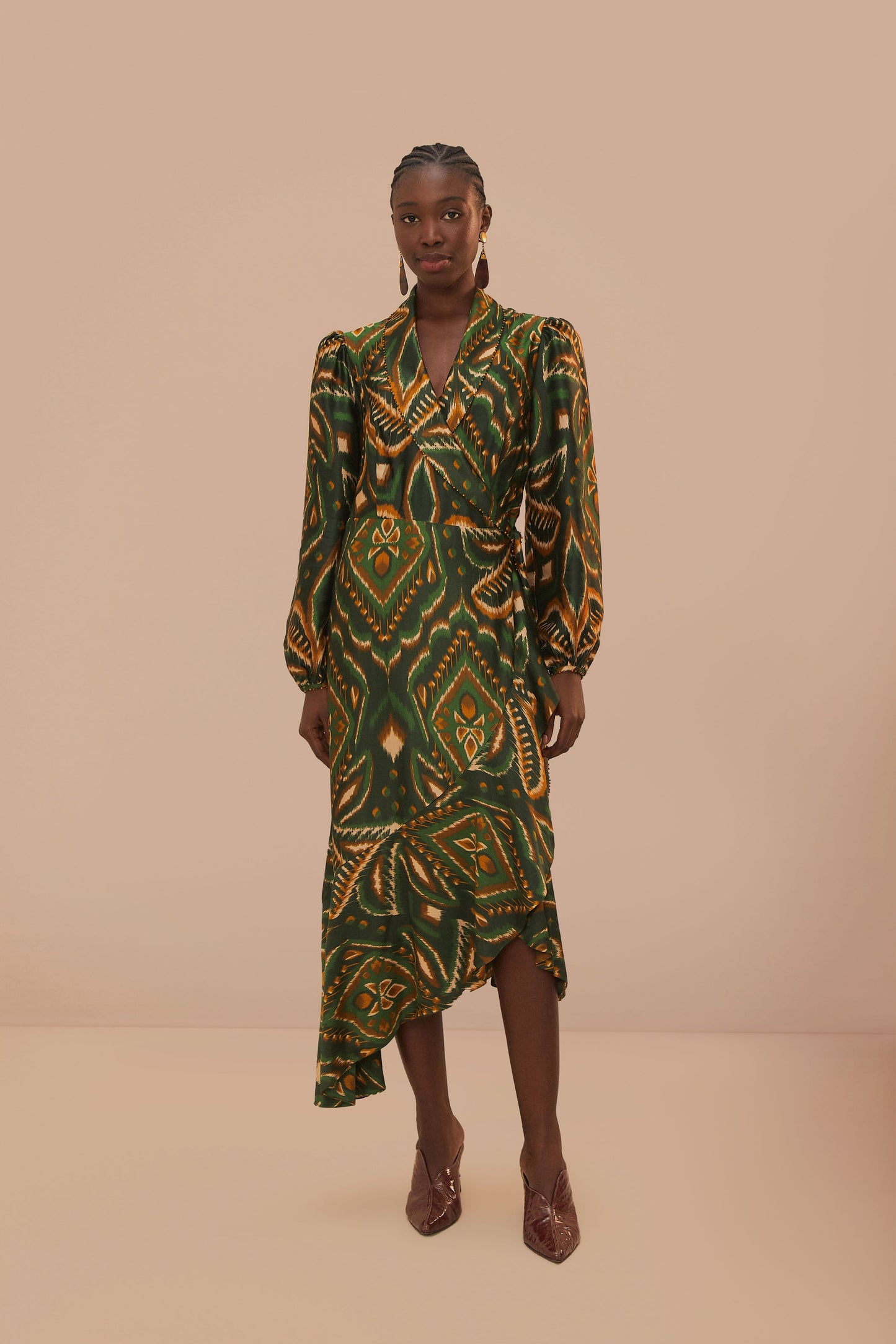 Pineapple Ikat Green Long Sleeve Midi Dress