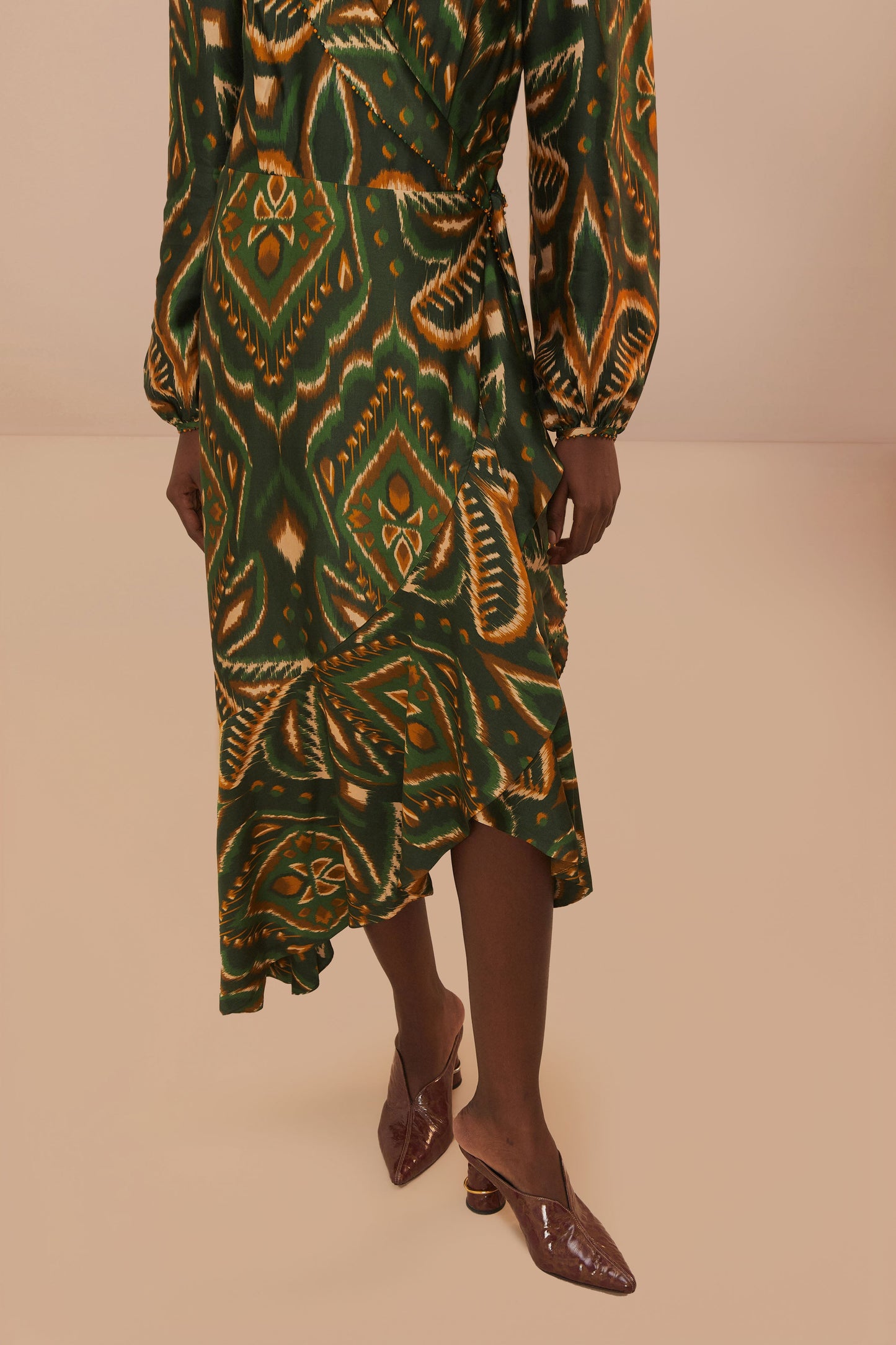 Pineapple Ikat Green Long Sleeve Midi Dress