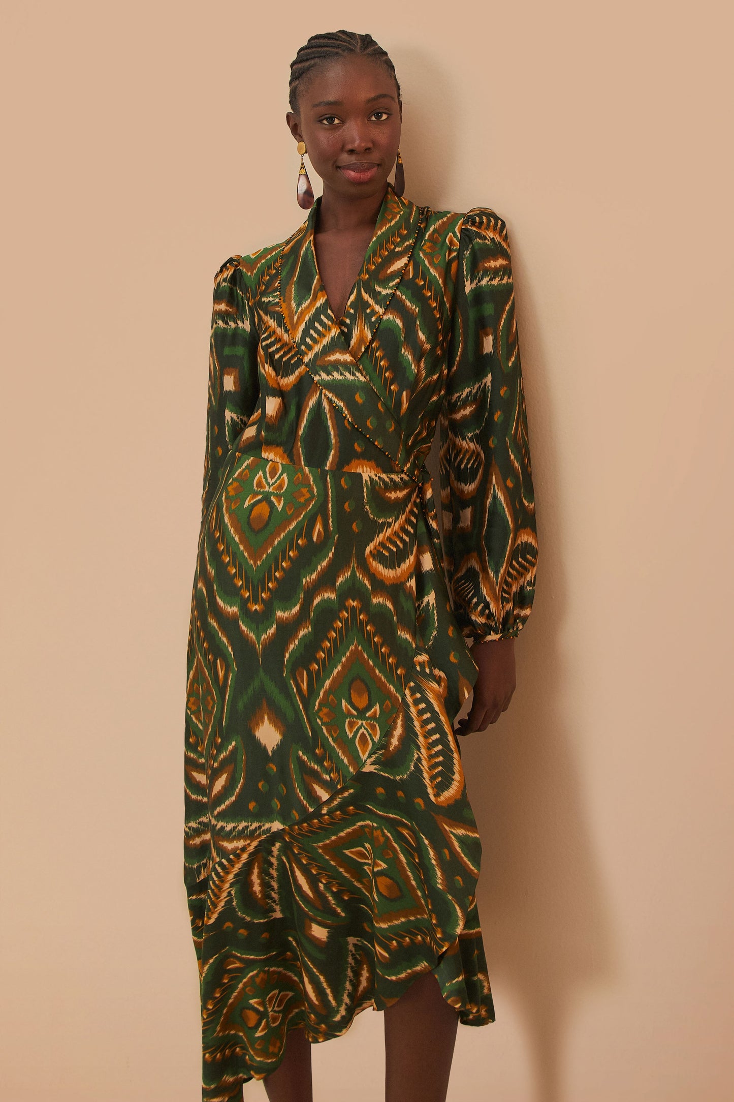 Pineapple Ikat Green Long Sleeve Midi Dress