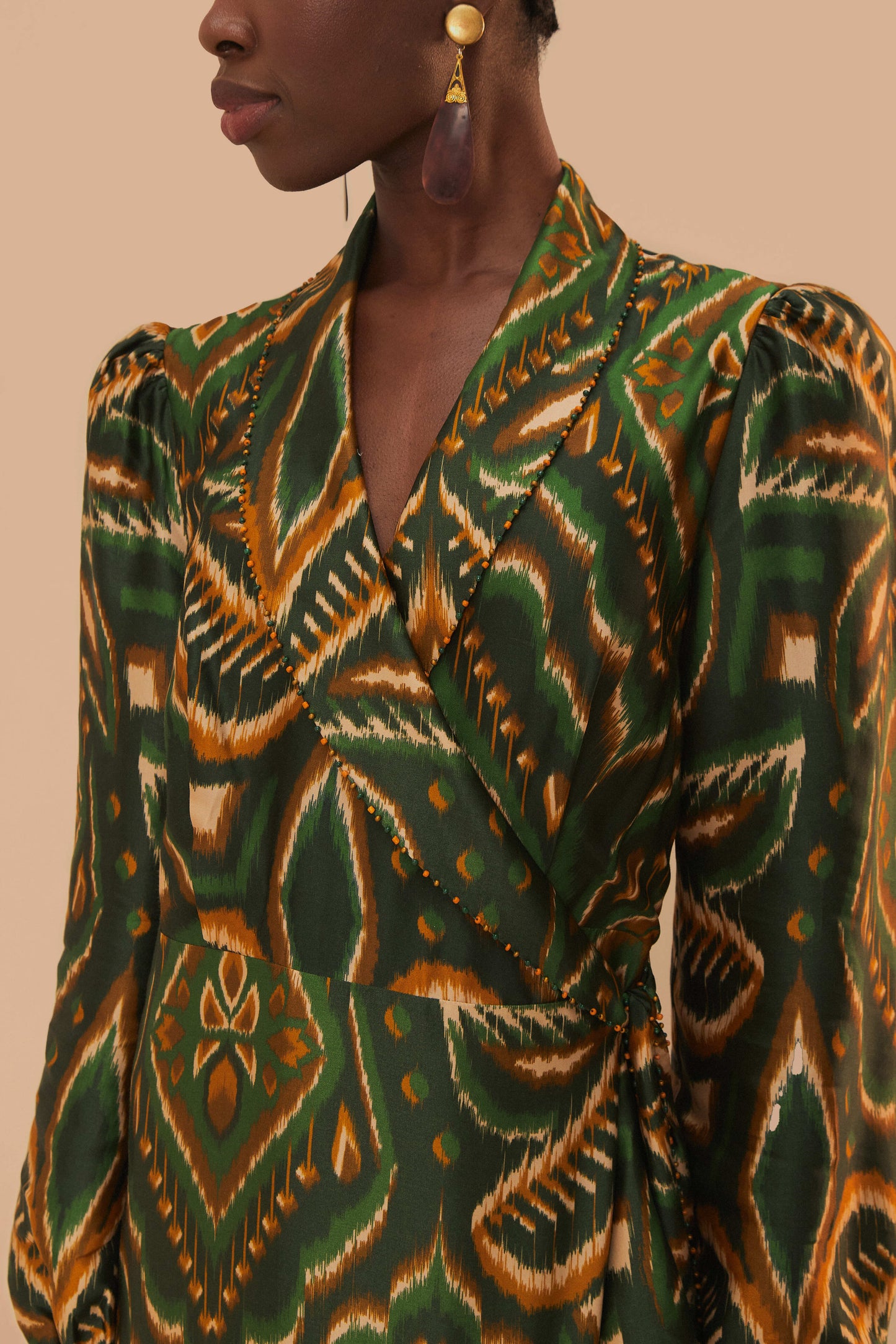 Pineapple Ikat Green Long Sleeve Midi Dress