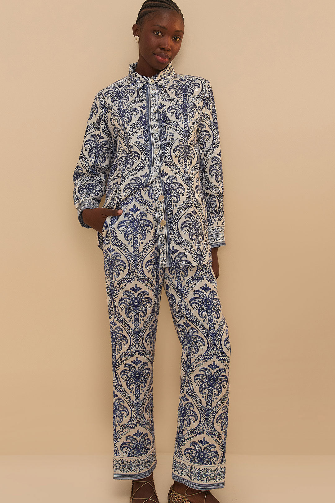 Blue Tropical Cameo Off-White Pajama Pants