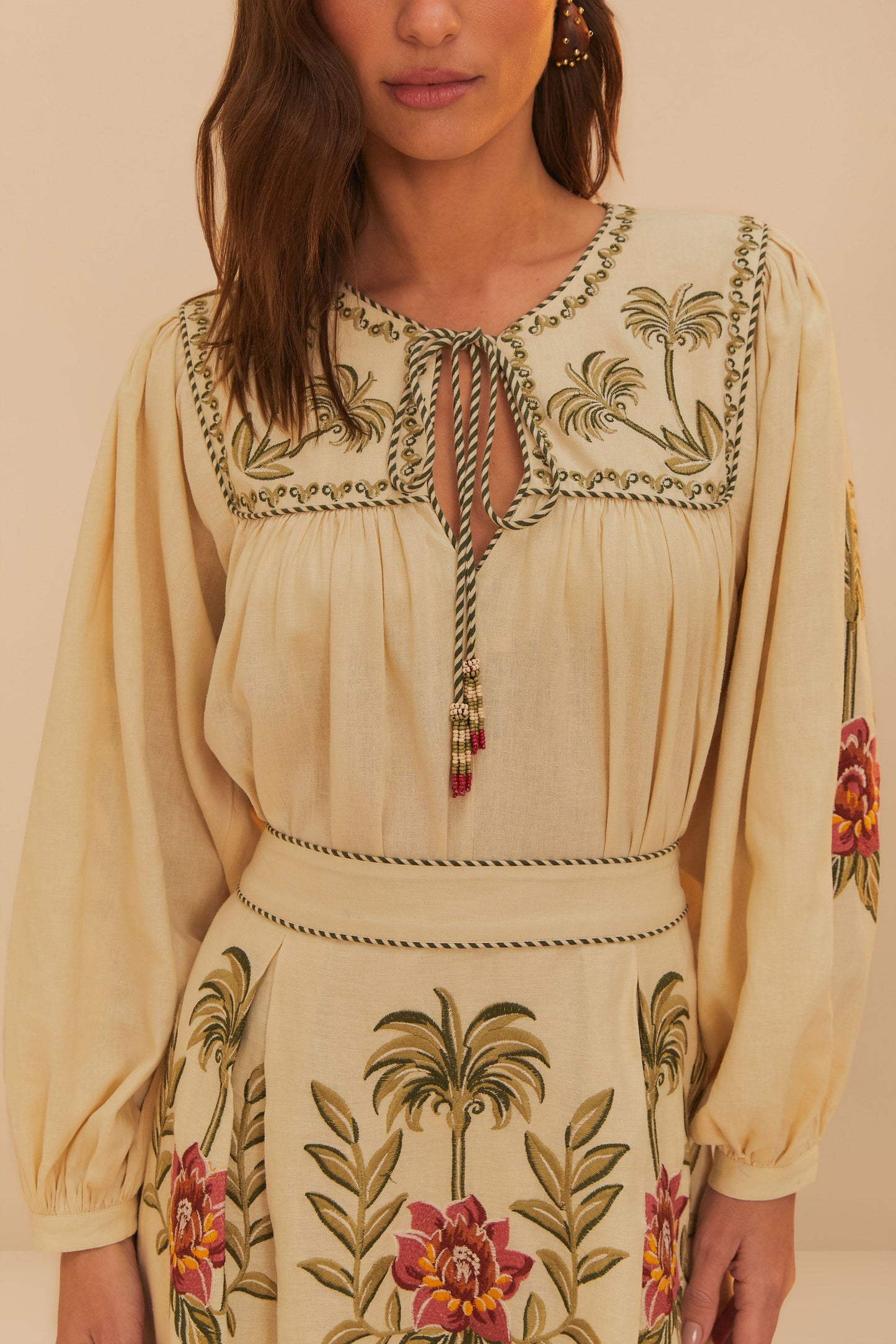 Tropical Flower Embroidered Sand Long Sleeve Blouse