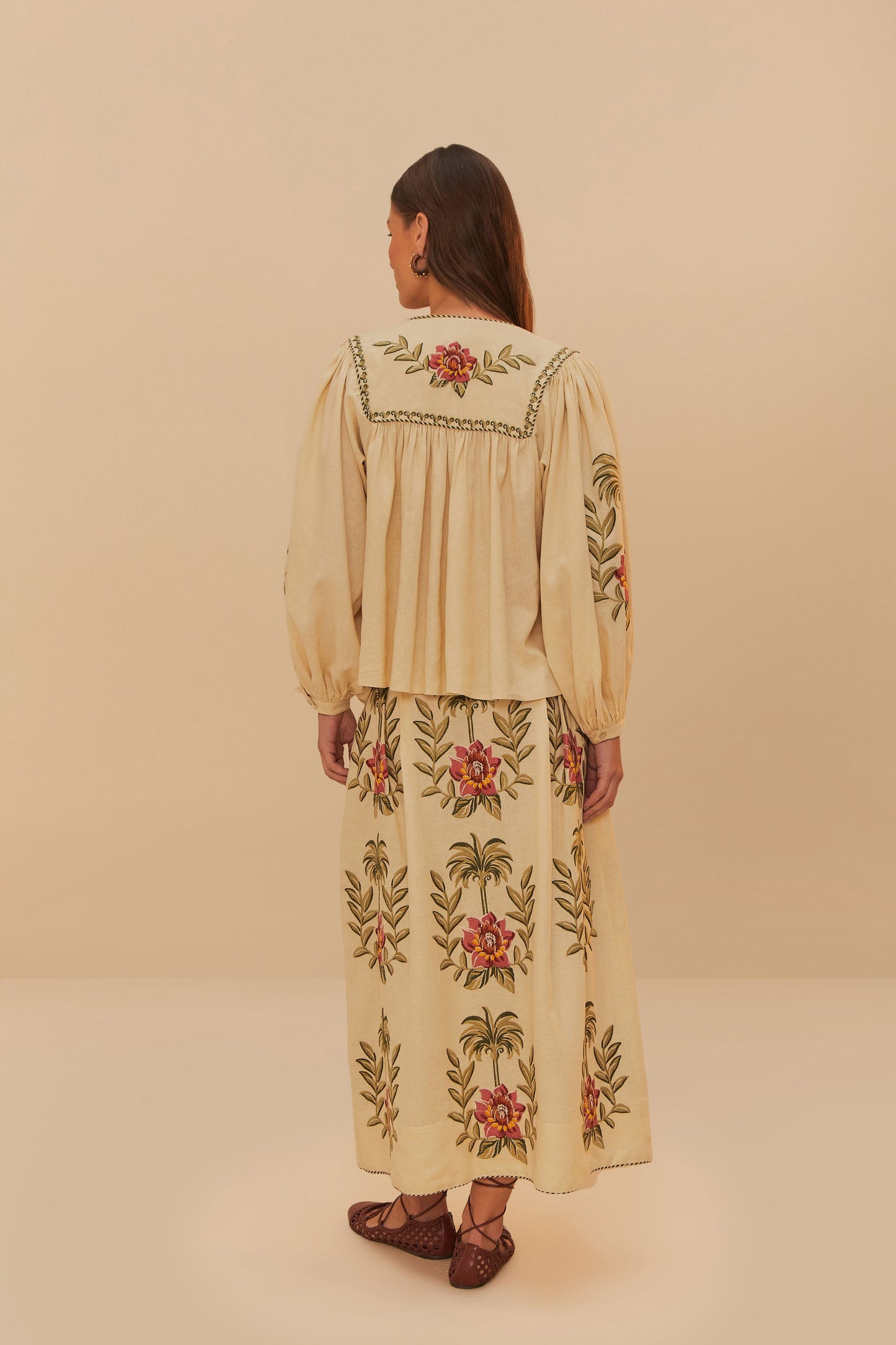 Tropical Flower Embroidered Sand Maxi Skirt