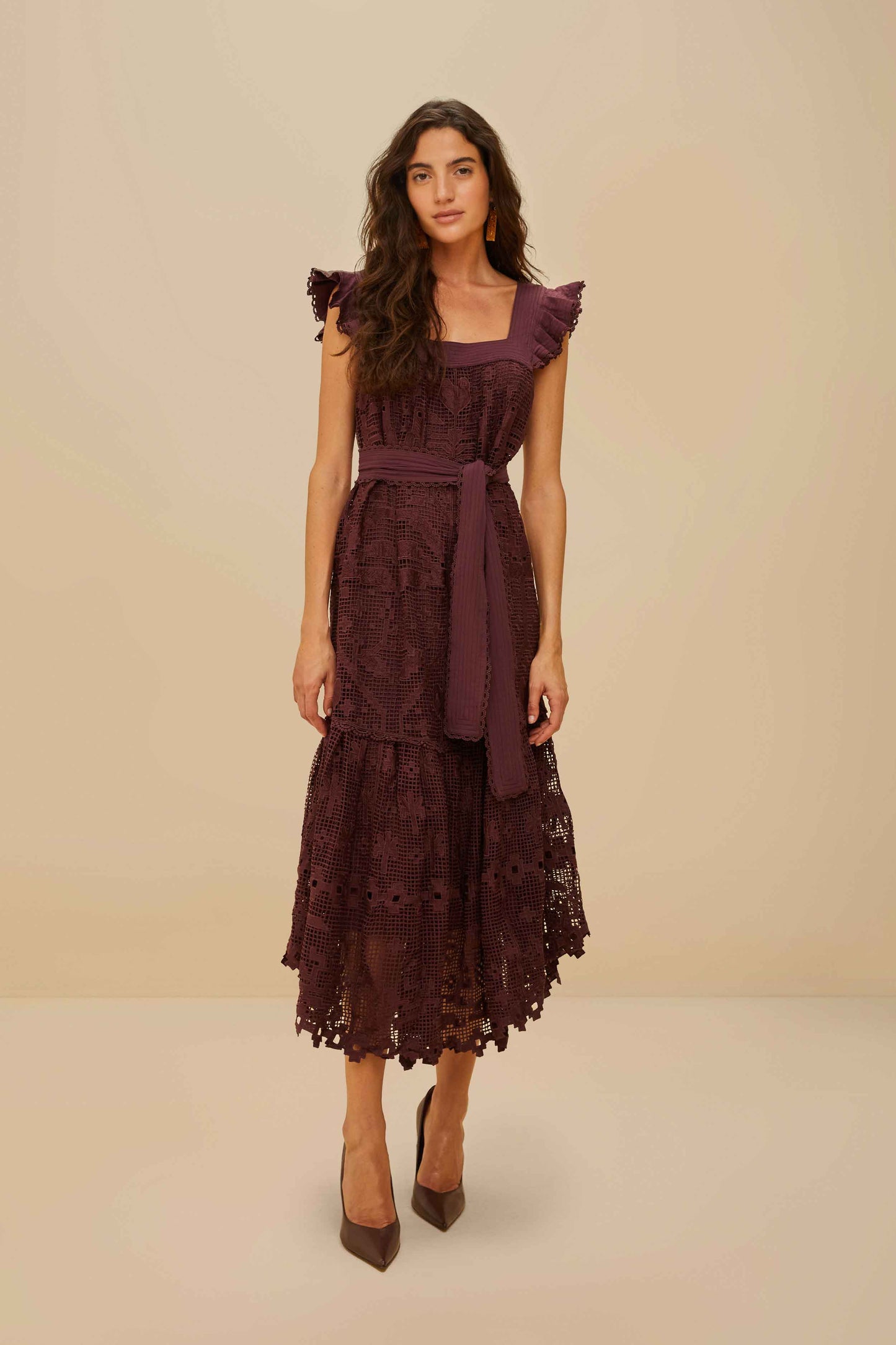 Pineapple Guipure Brown Midi Dress