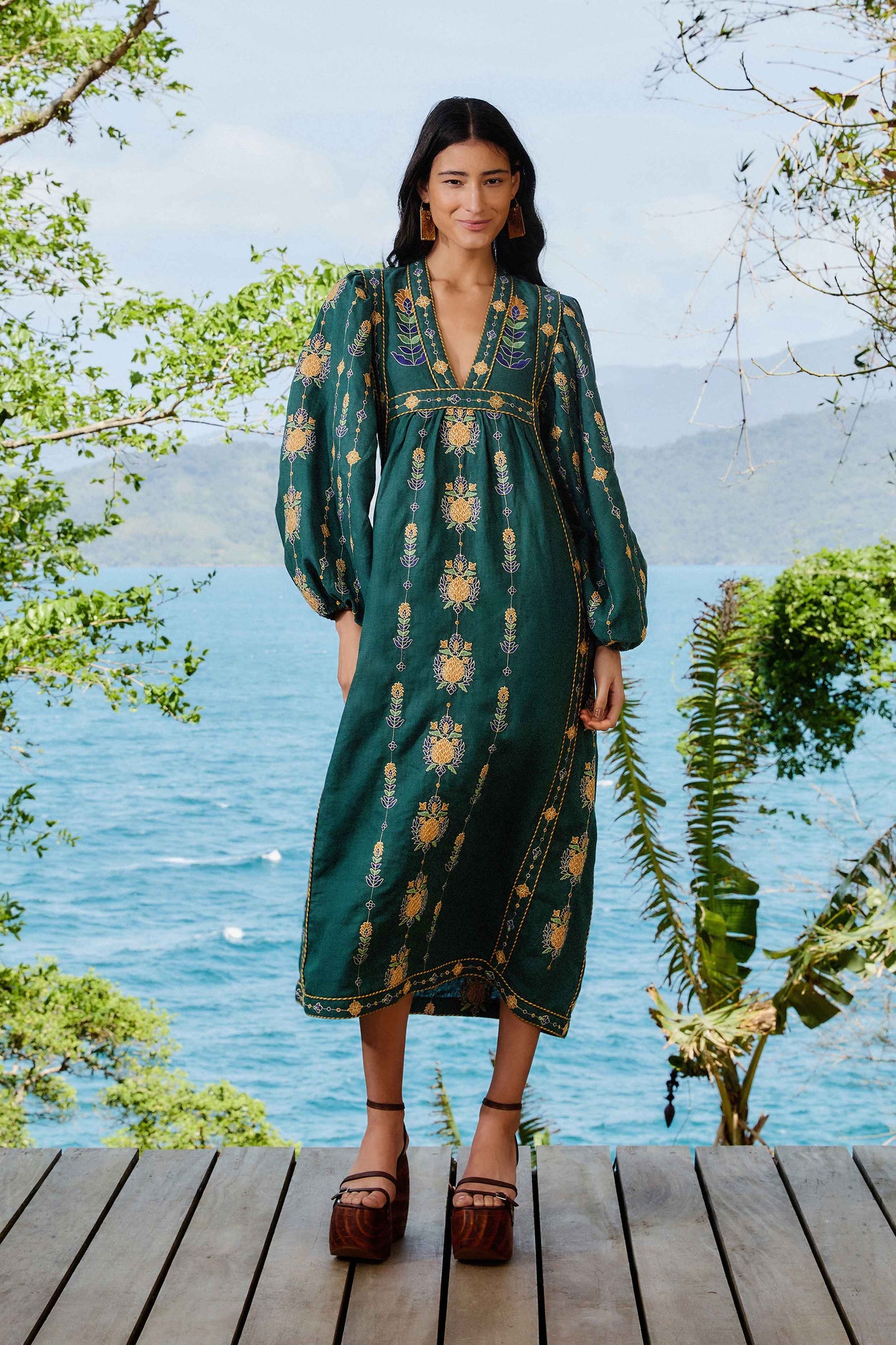 Pineapple Embroidered Green Tunic Maxi Dress