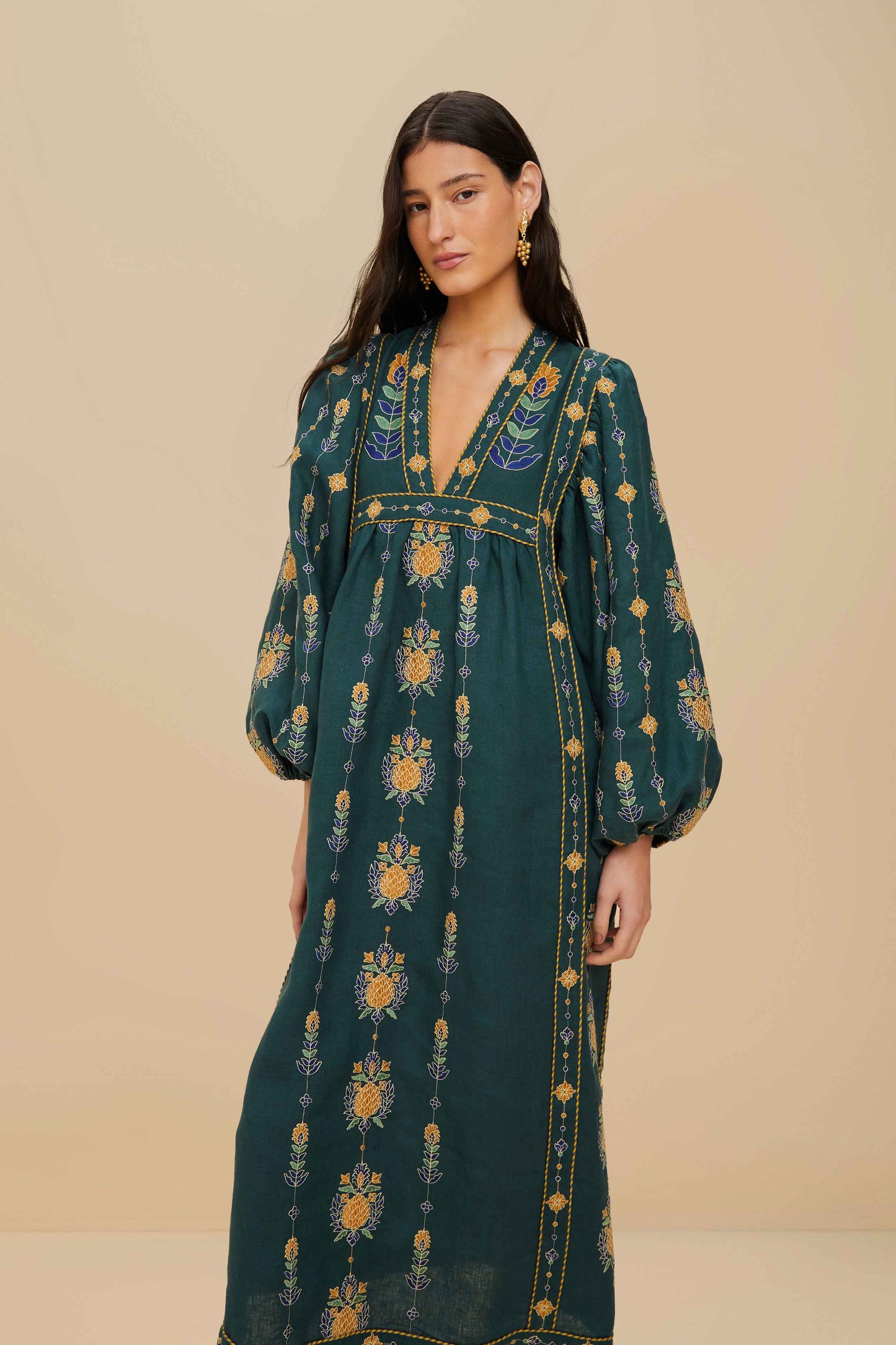 Pineapple Embroidered Green Tunic Maxi Dress