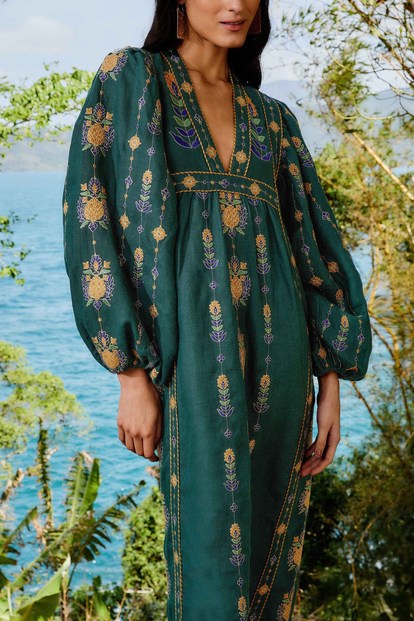 Pineapple Embroidered Green Tunic Maxi Dress
