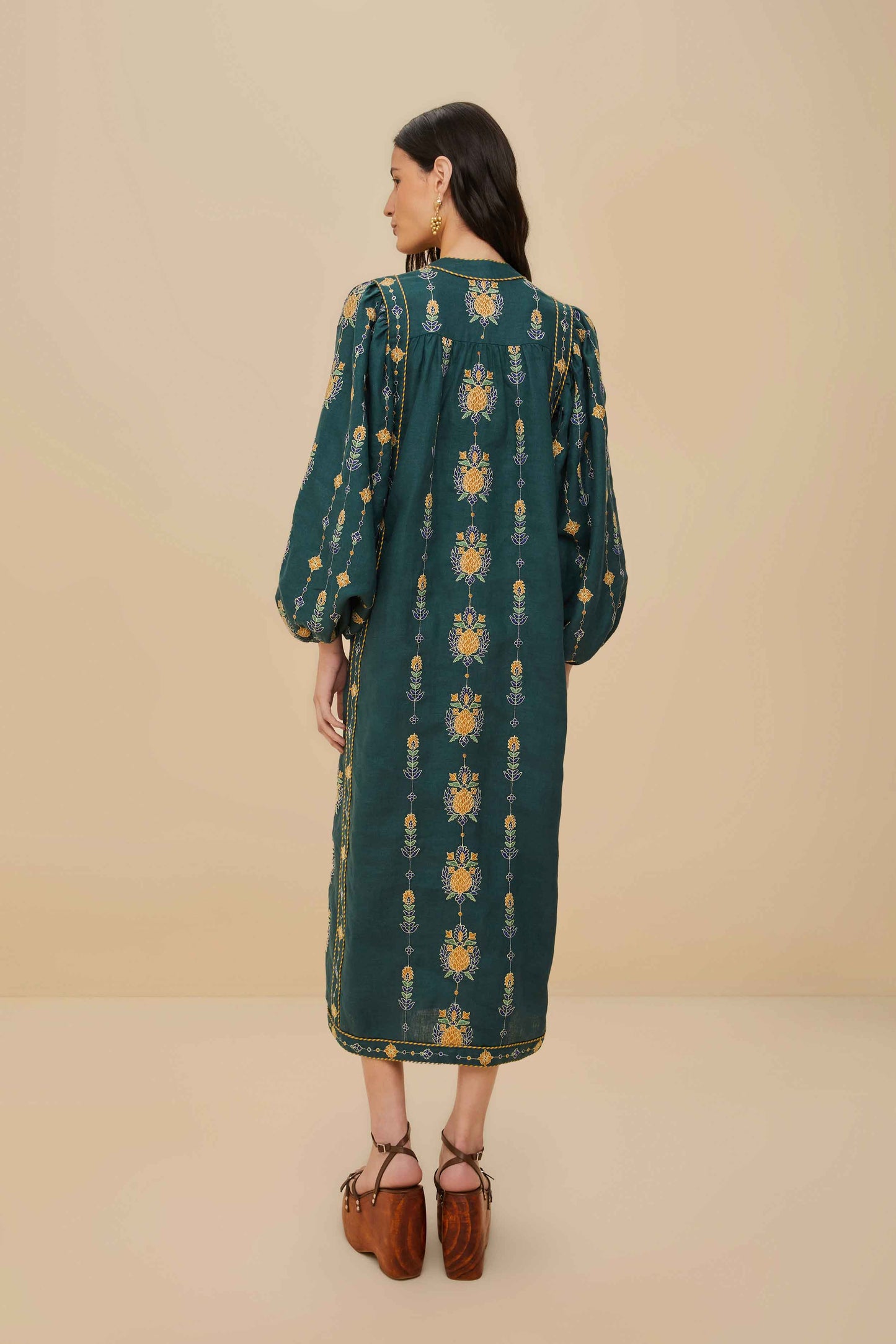 Pineapple Embroidered Green Tunic Maxi Dress