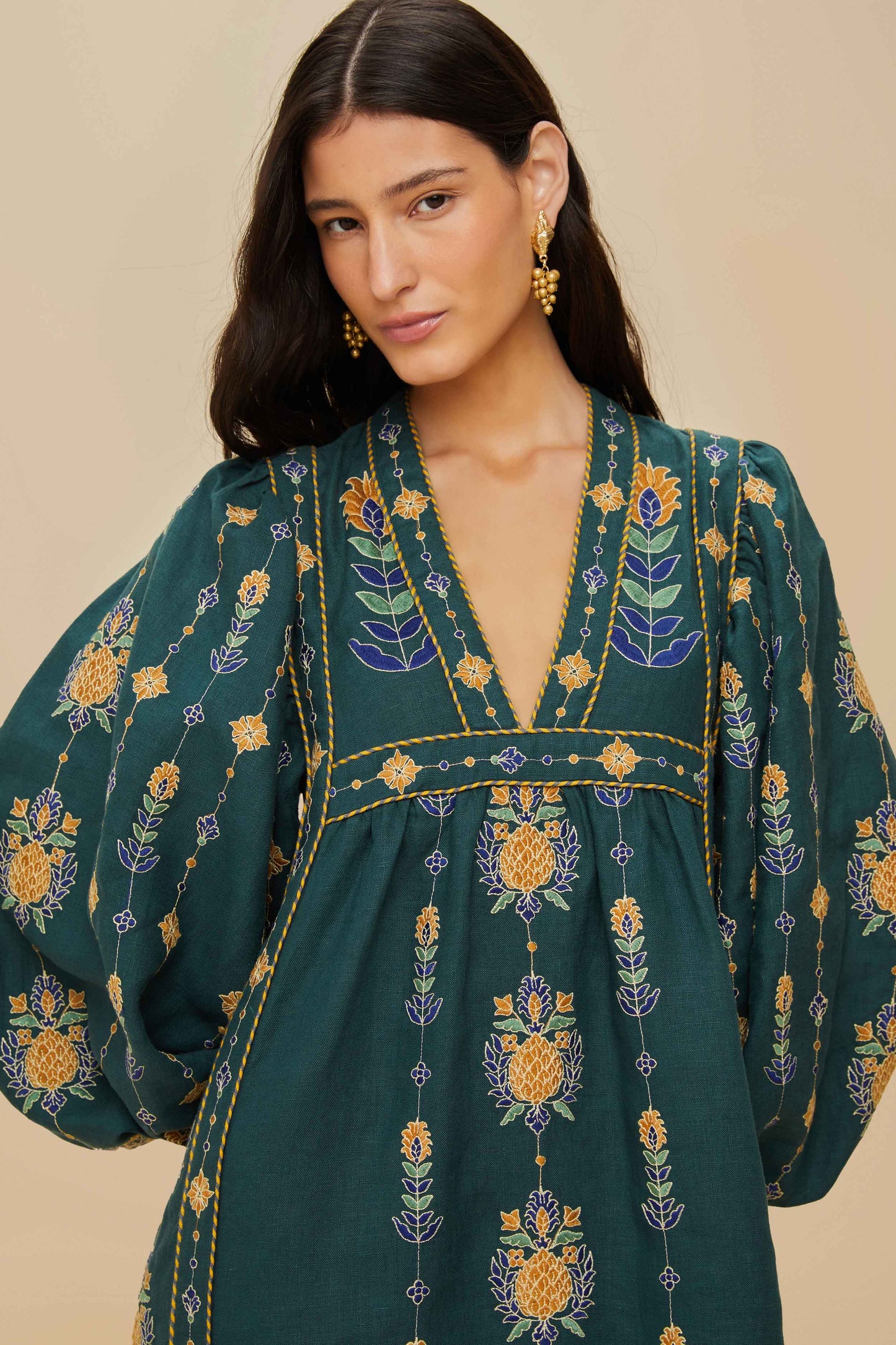 Pineapple Embroidered Green Tunic Maxi Dress
