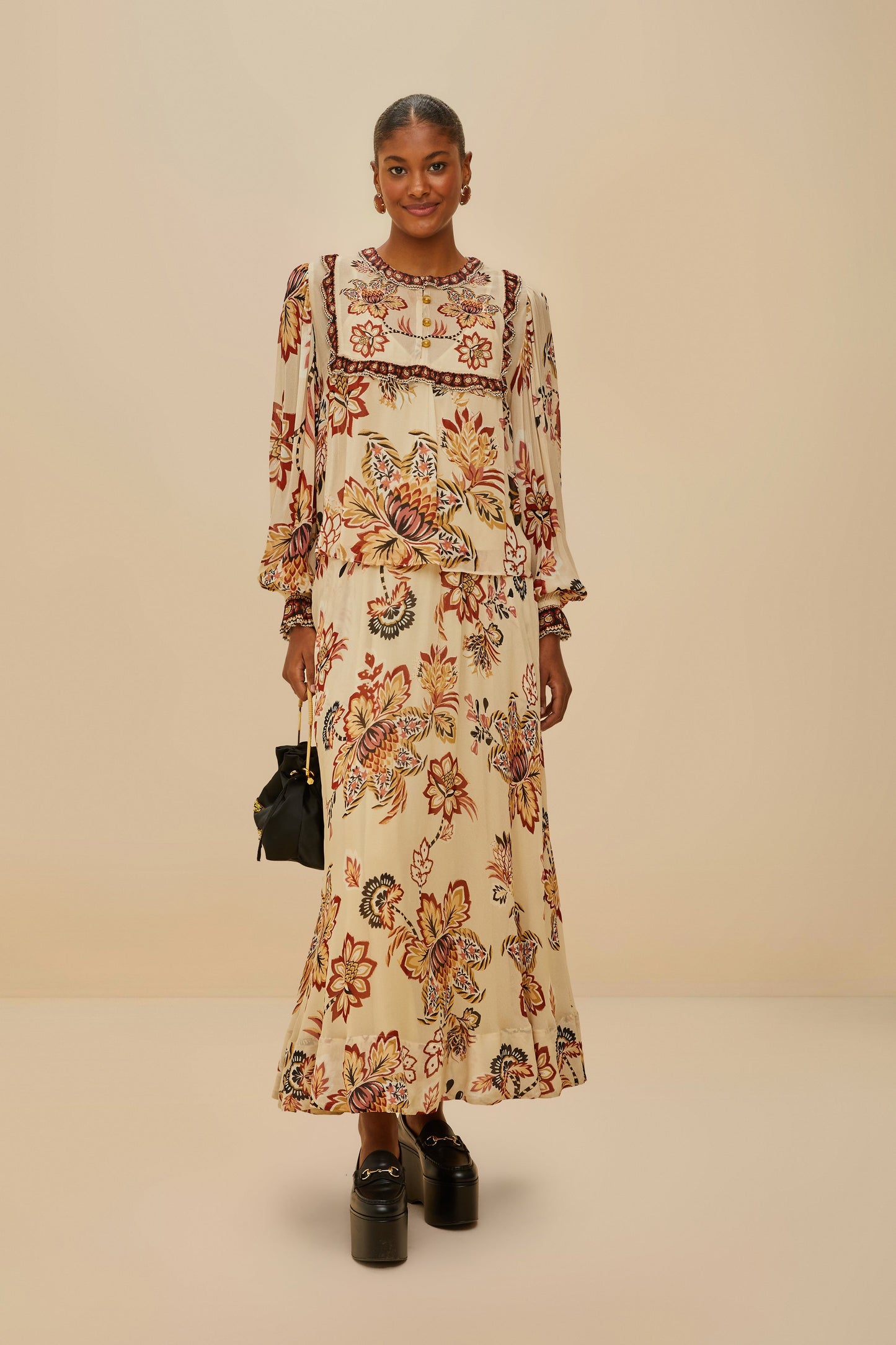 Aura Floral Sand Midi Skirt