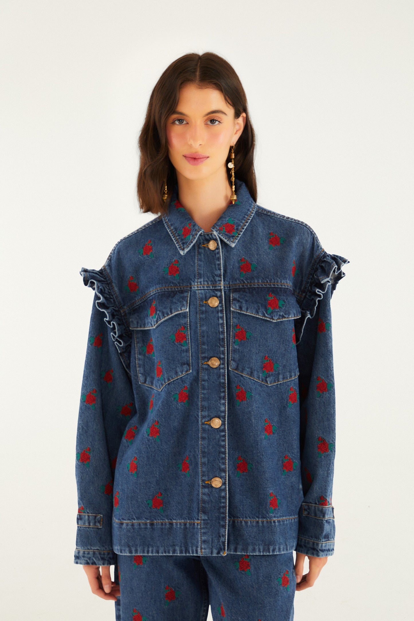 Flower Embroidered Denim Shirt