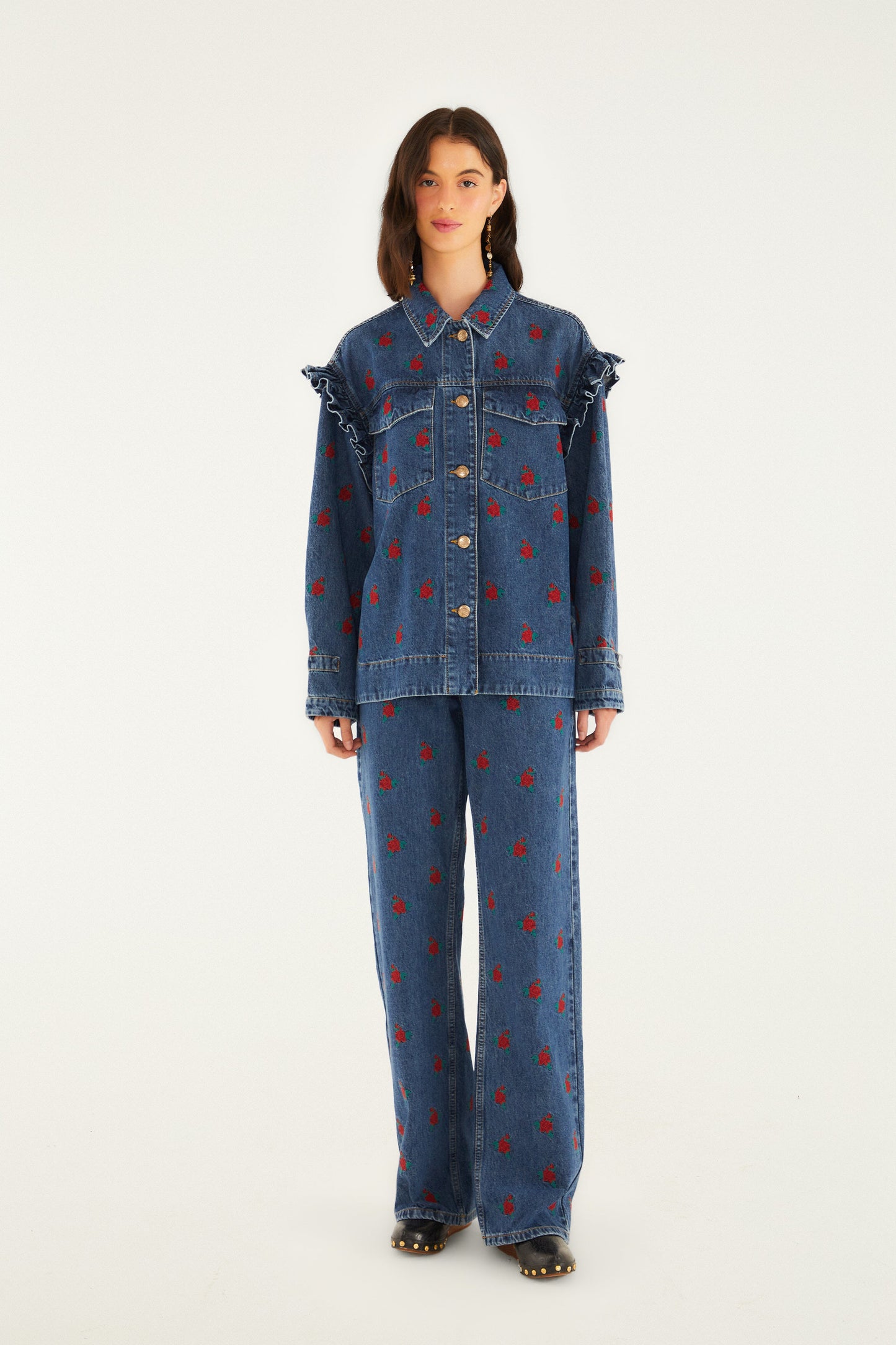 Flower Embroidered Denim Shirt