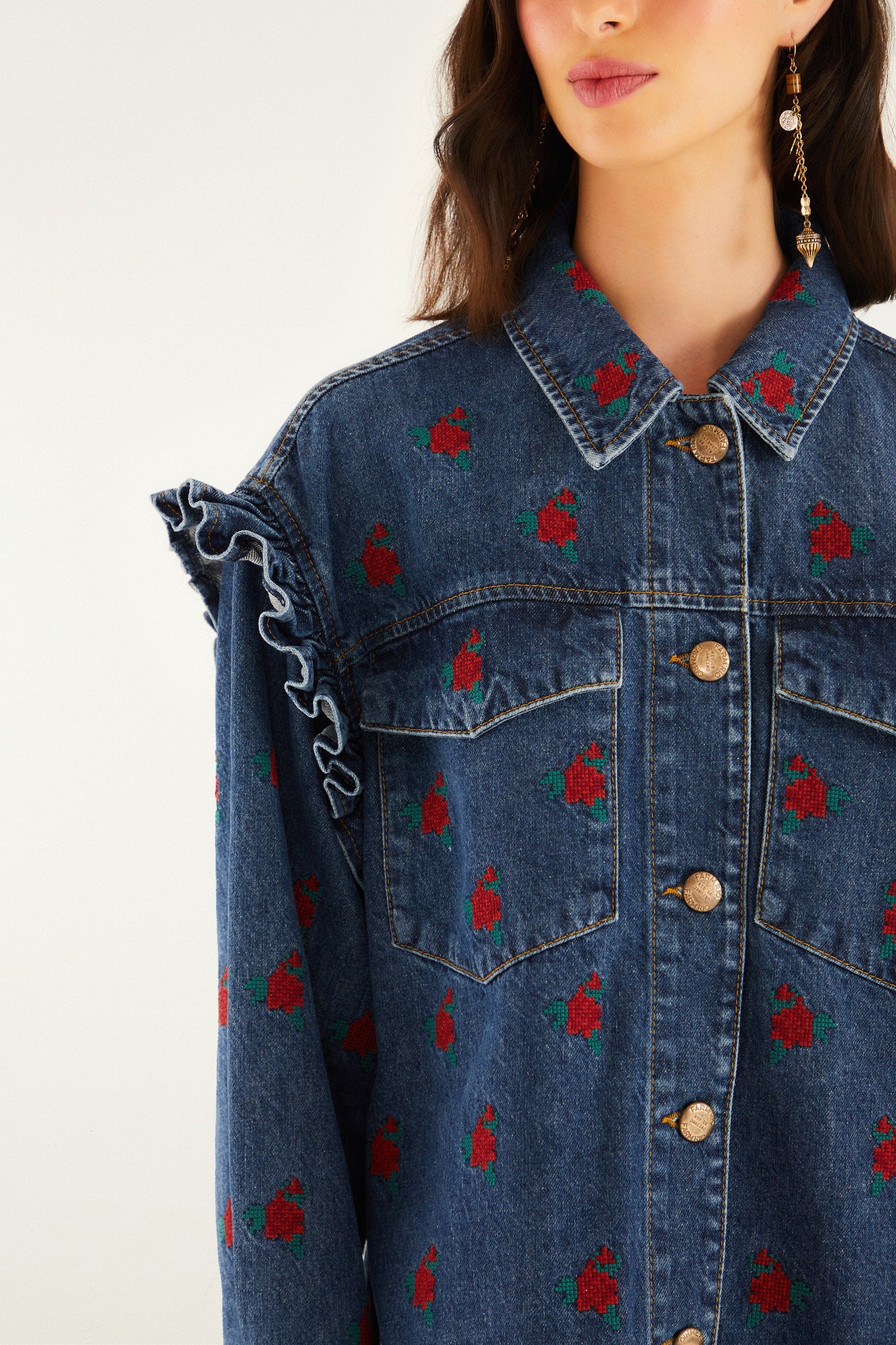 Flower Embroidered Denim Shirt