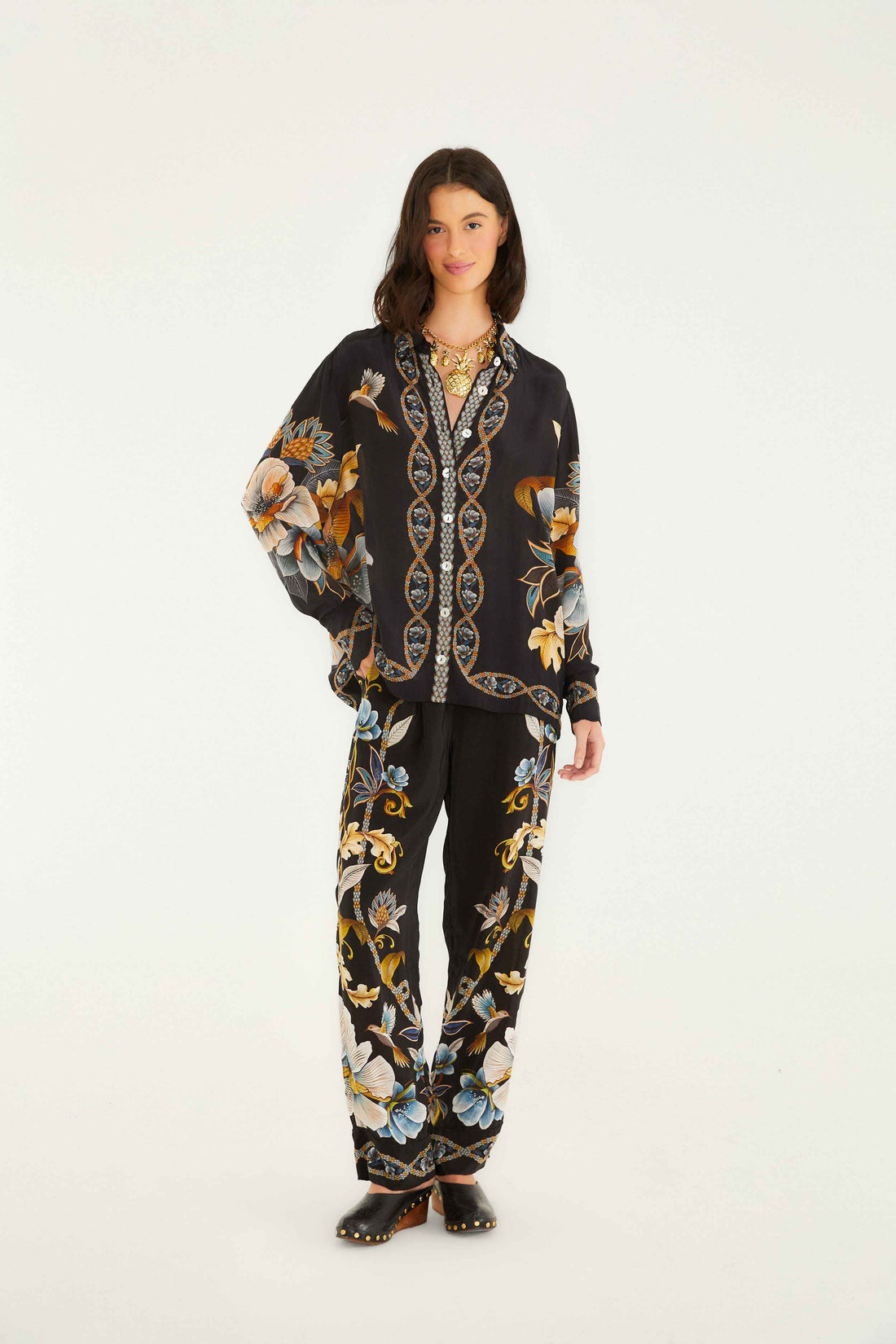 Snake Floral Black Pajama Shirt