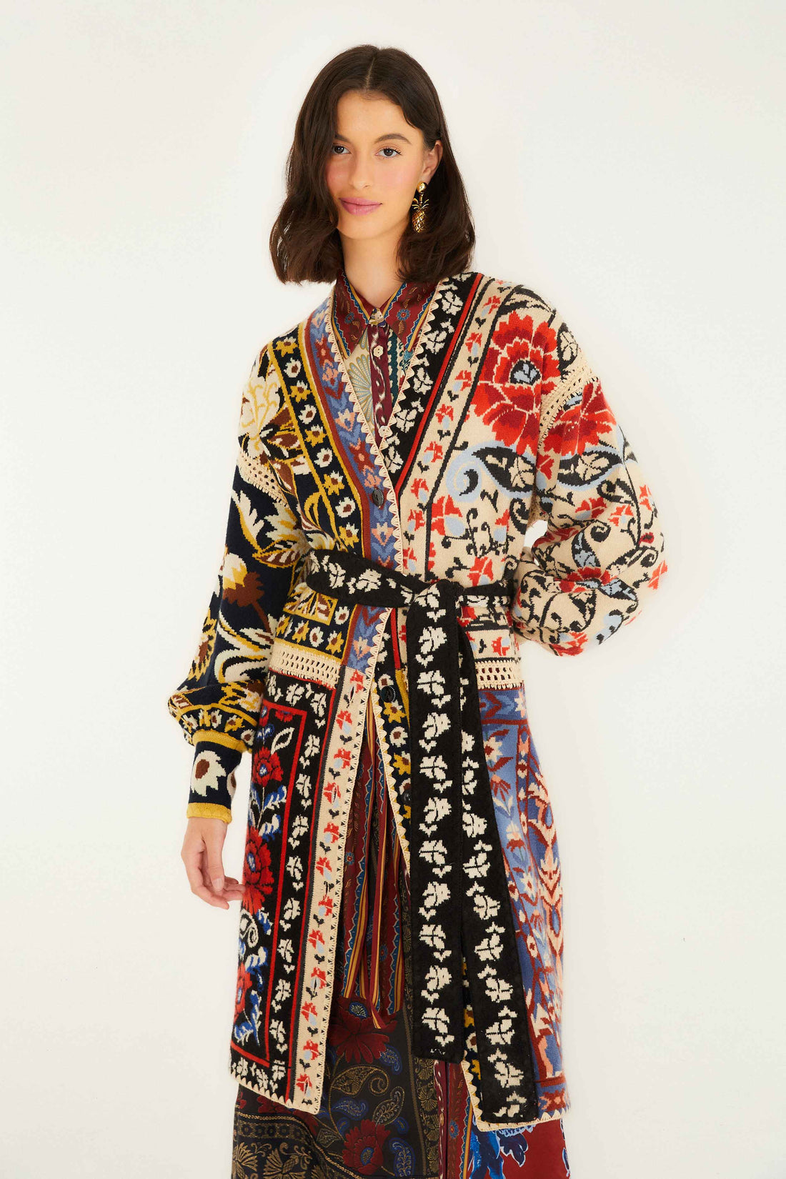 Flower Print Patchwork Knit Midi Cardigan