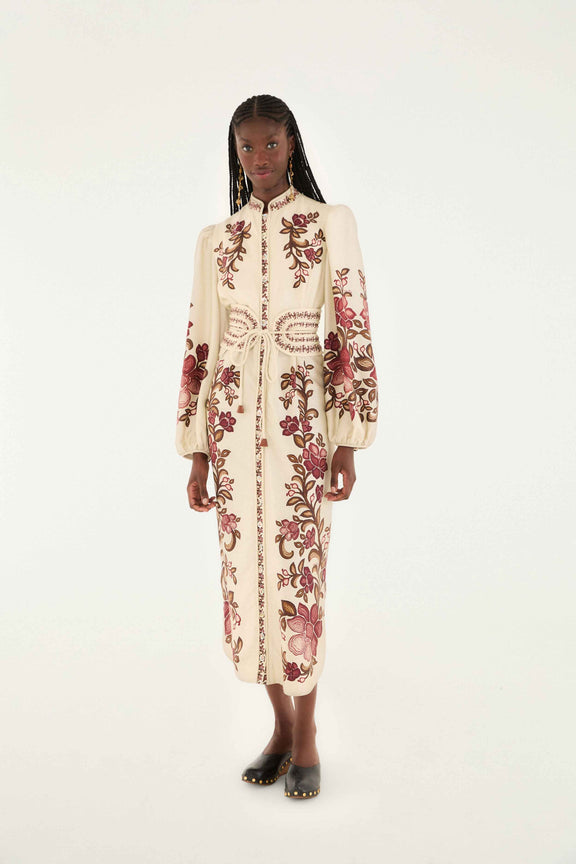 Renata Floral Sand Long Sleeve Midi Dress