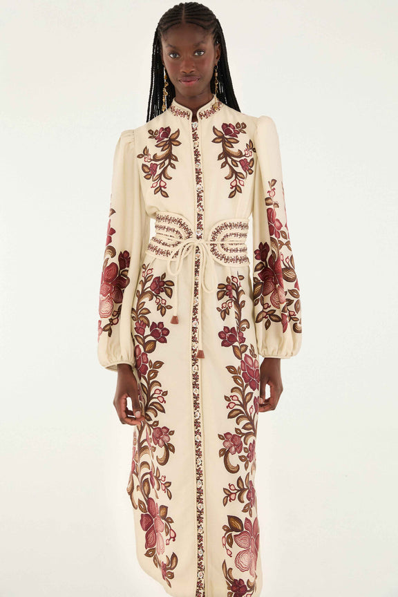 Renata Floral Sand Long Sleeve Midi Dress