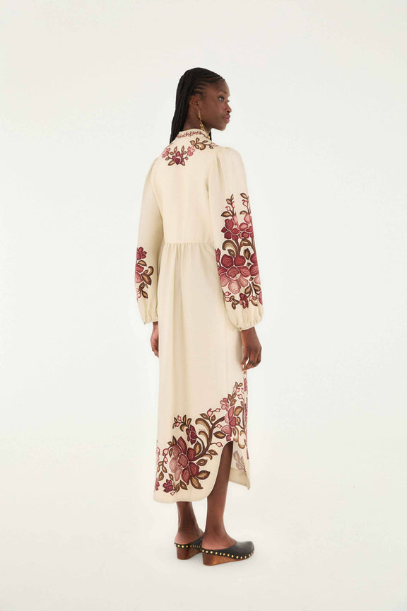 Renata Floral Sand Long Sleeve Midi Dress