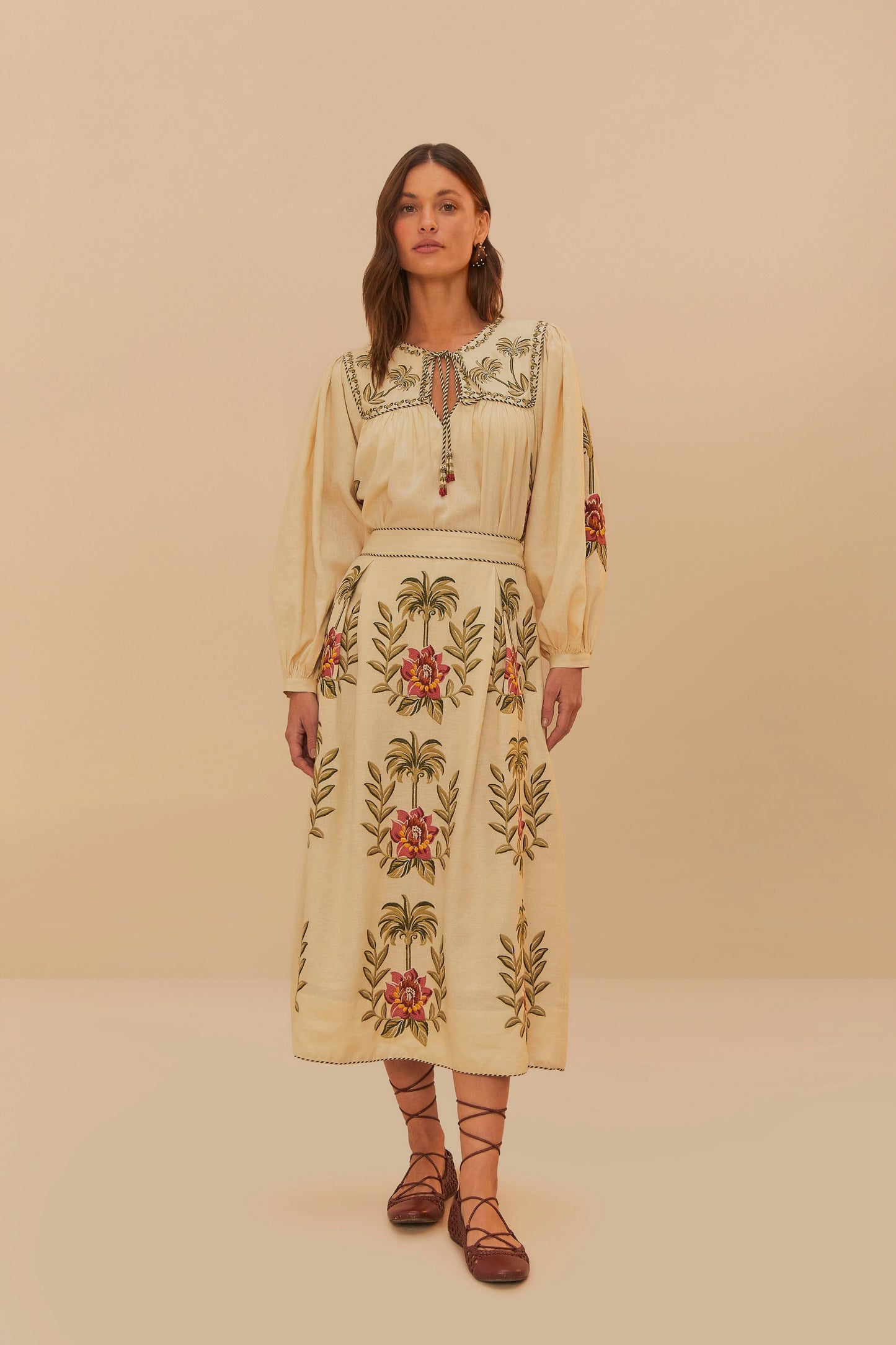 Tropical Flower Embroidered Sand Maxi Skirt