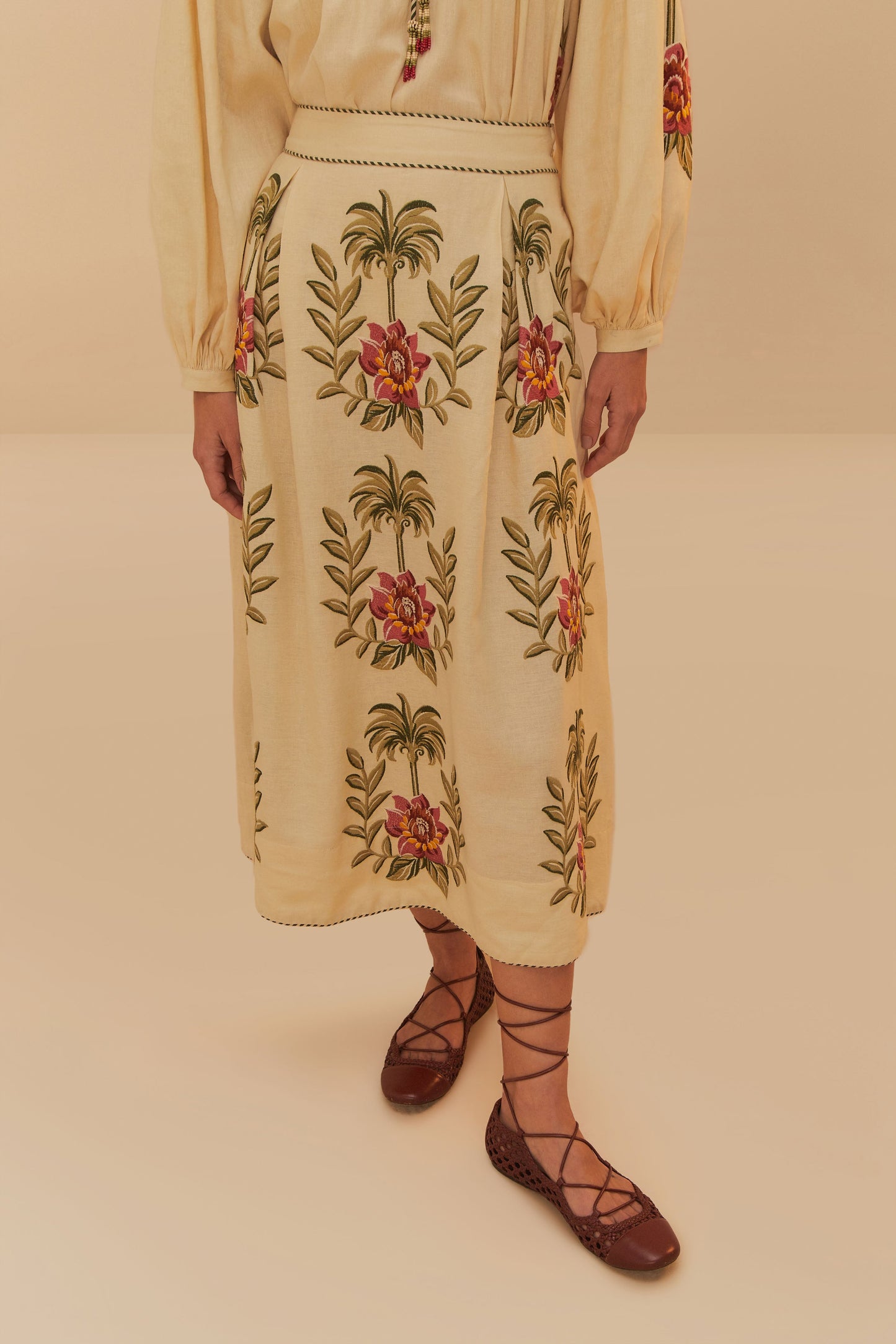 Tropical Flower Embroidered Sand Maxi Skirt