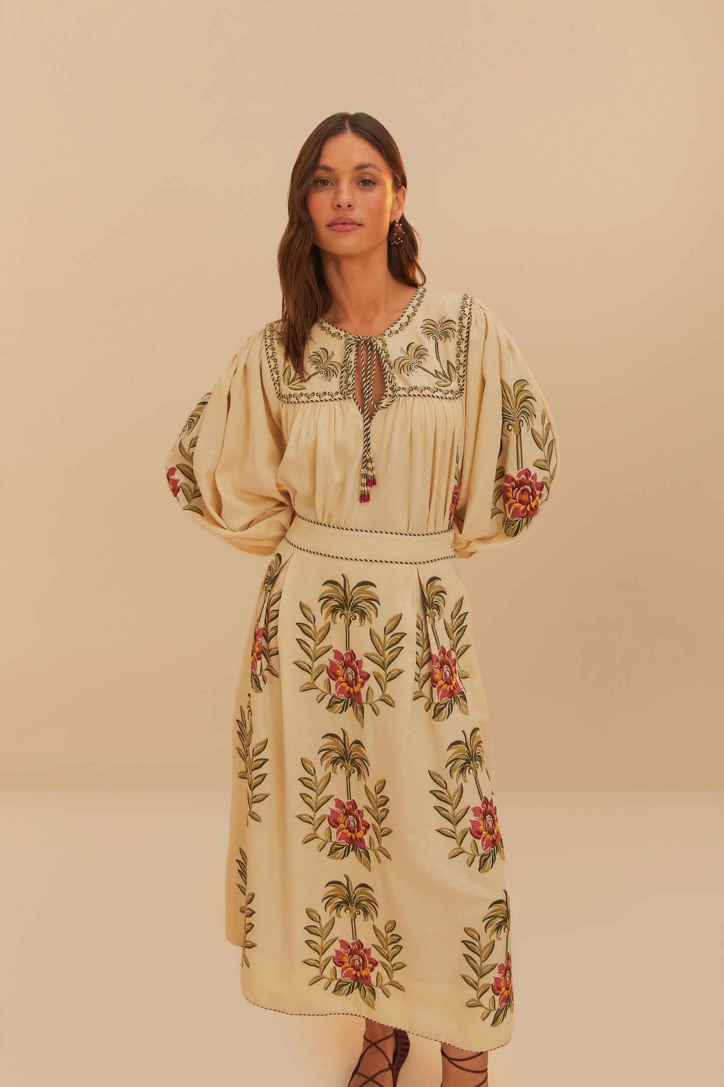 Tropical Flower Embroidered Sand Maxi Skirt