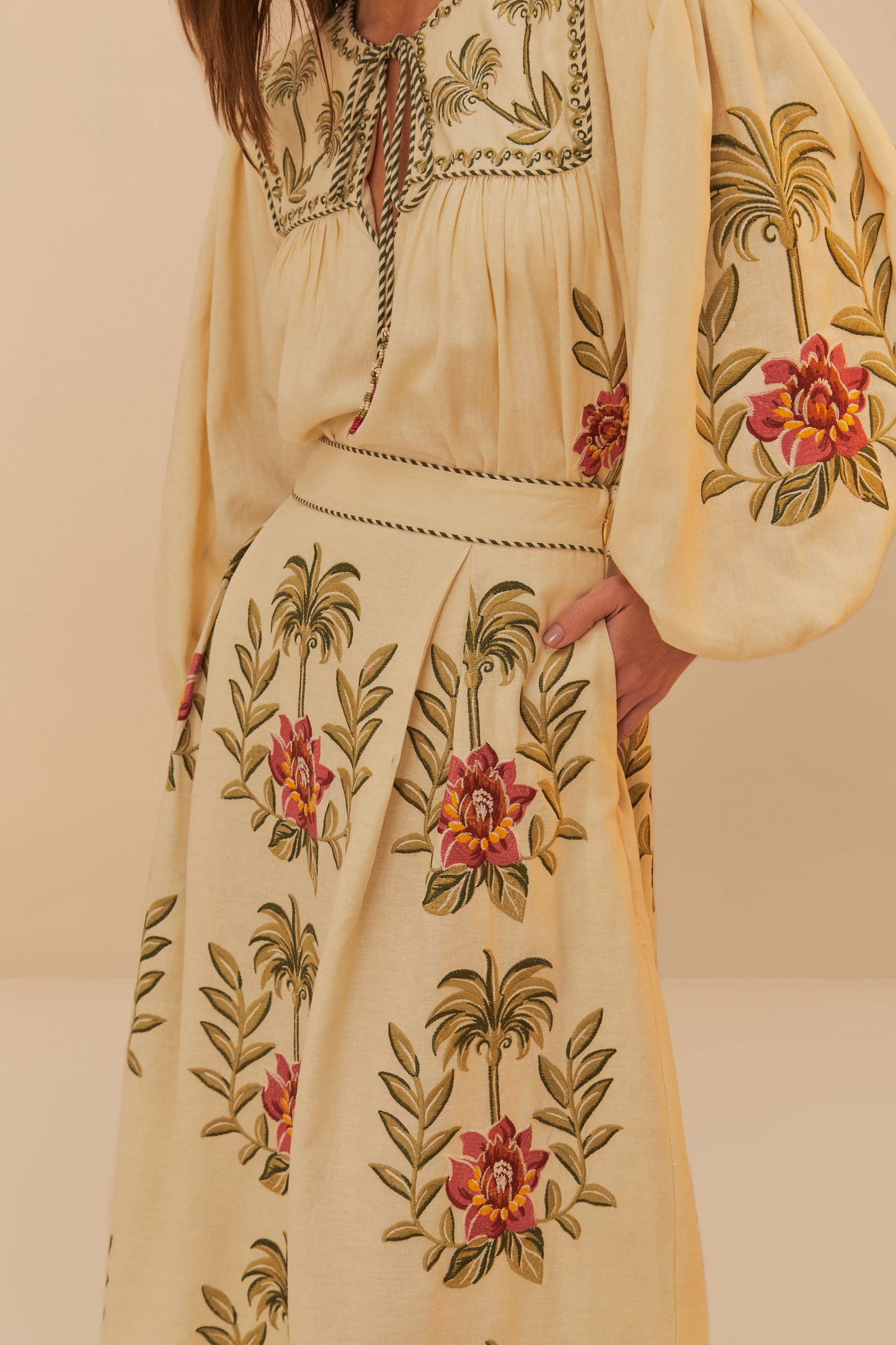 Tropical Flower Embroidered Sand Maxi Skirt