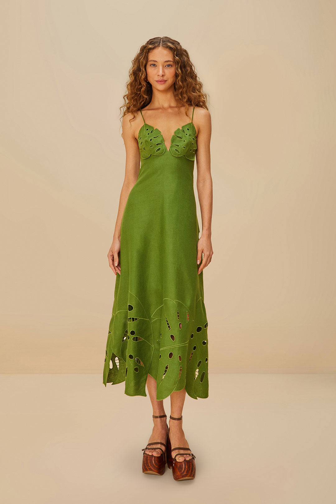 Green Monstera Embroidery Midi Dress