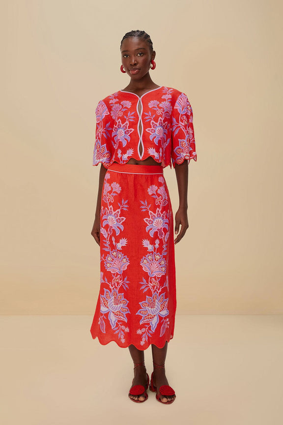 Red Porcelain Garden Euroflax™ Premium Linen Midi Skirt