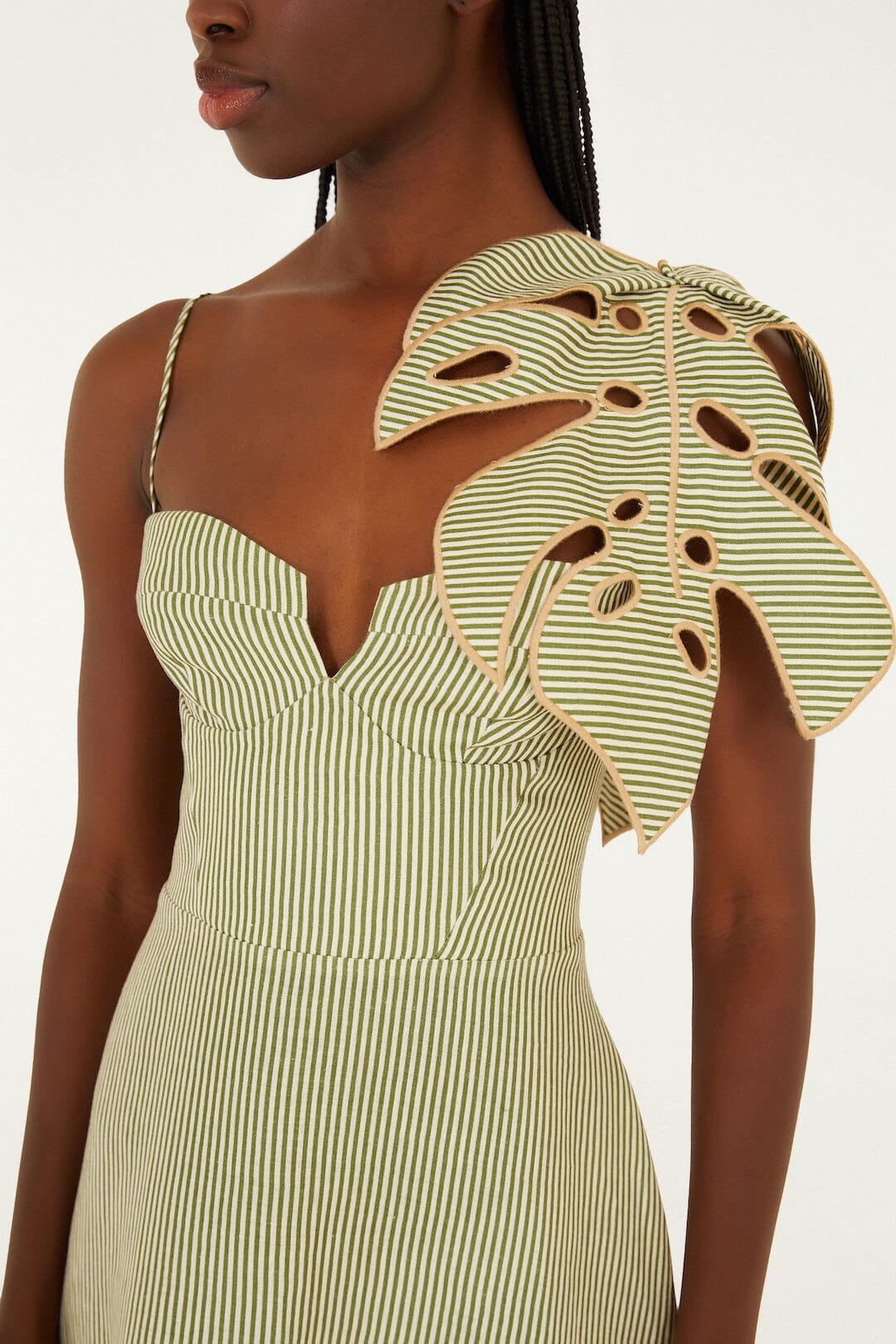 Striped Monstera Leaf Sleeveless Midi Dress