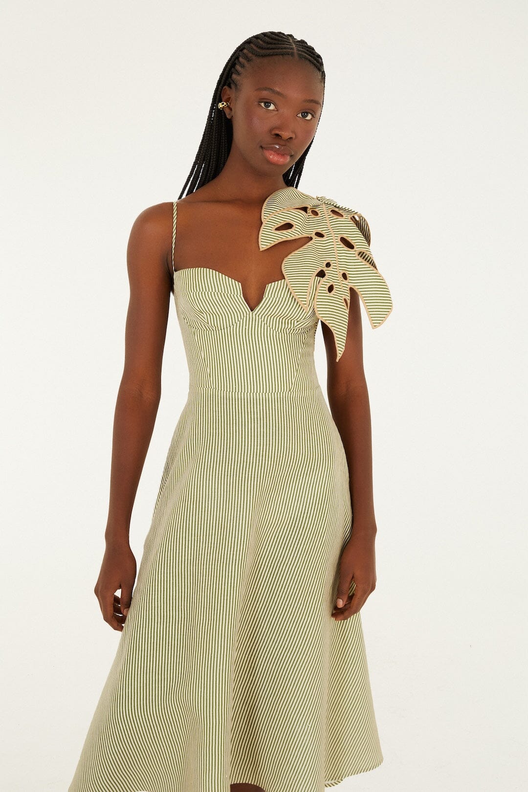 Striped Monstera Leaf Sleeveless Midi Dress